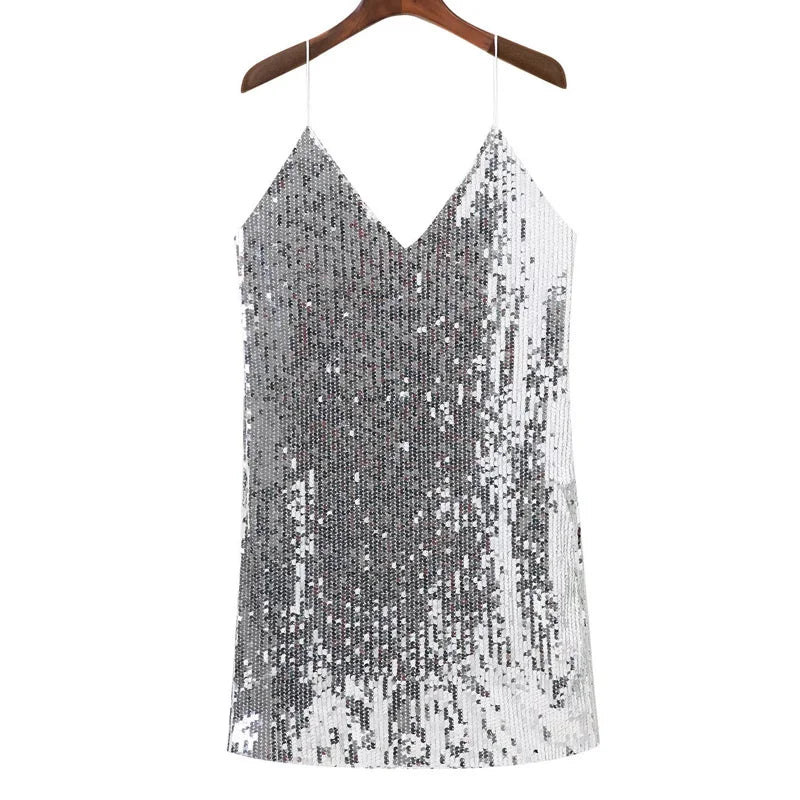 Vestido corto femenino de otoño con escote en V profundo, minivestido sexy con lentejuelas plateadas, espalda descubierta y hombros descubiertos para fiesta navideña y club con tirantes