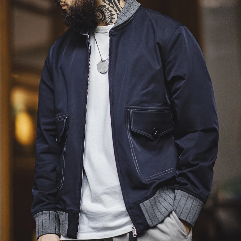Chaqueta corta de vuelo Maden Retro A1 azul con empalme de color en contraste, abrigo uniforme para hombre, primavera y otoño