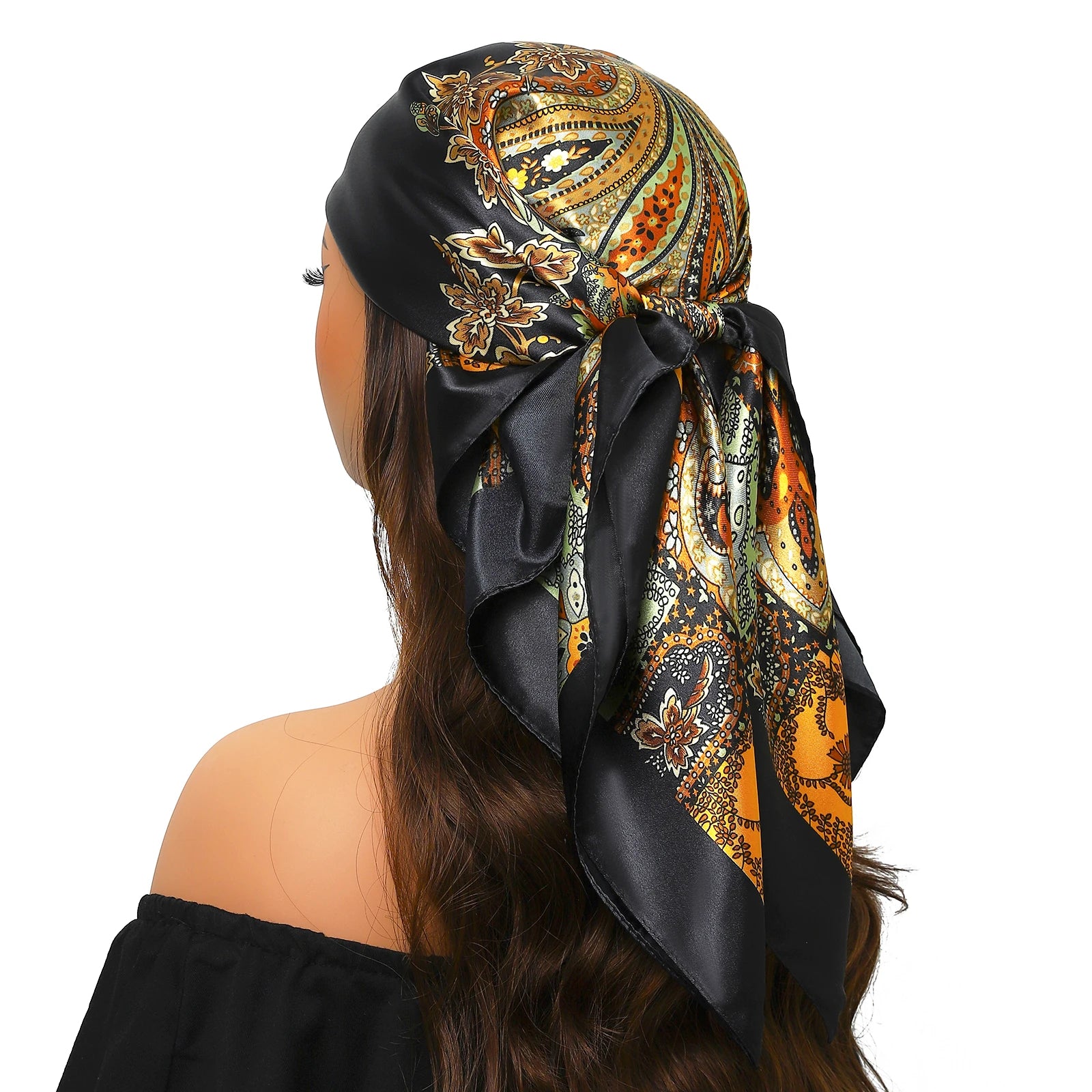 Pañuelo para la cabeza de marca de lujo para mujer, cuadrado, 90 x 90 cm, pañuelo de seda satinado, pañuelo suave para el cuello.