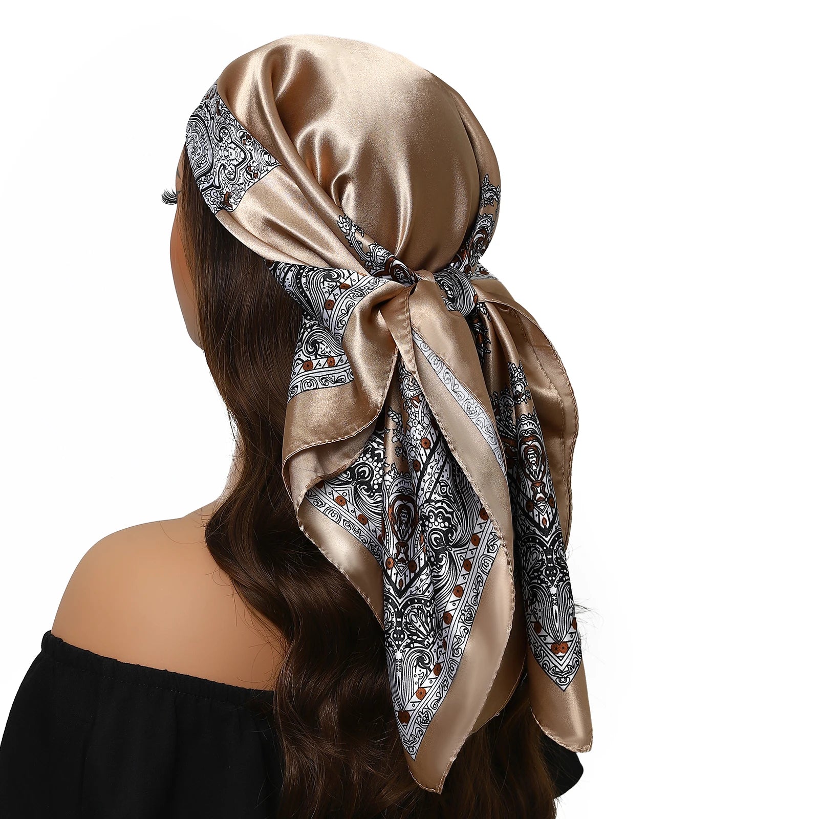 Pañuelo para la cabeza de marca de lujo para mujer, cuadrado, 90 x 90 cm, pañuelo de seda satinado, pañuelo suave para el cuello.