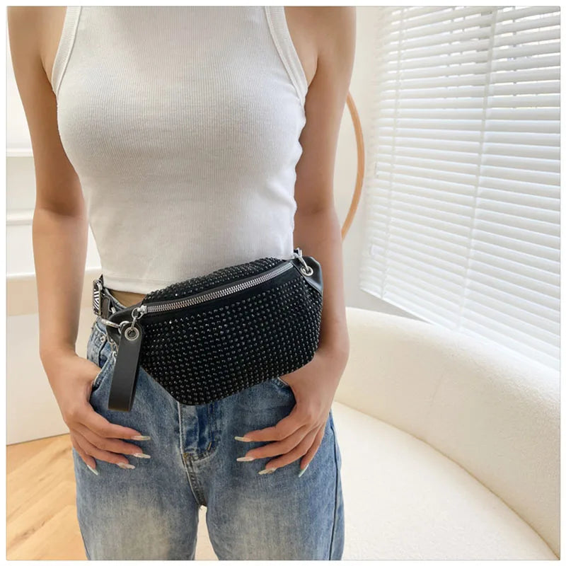 Riñonera de piel con diseño de diamante para mujer, bolso de hombro tipo bandolera con cadena, ideal para el pecho.