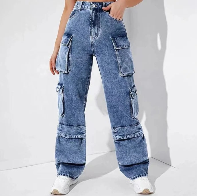 Pantalones vaqueros para mujer,  última tendencia, cintura alta, holgados, con múltiples bolsillos, largos