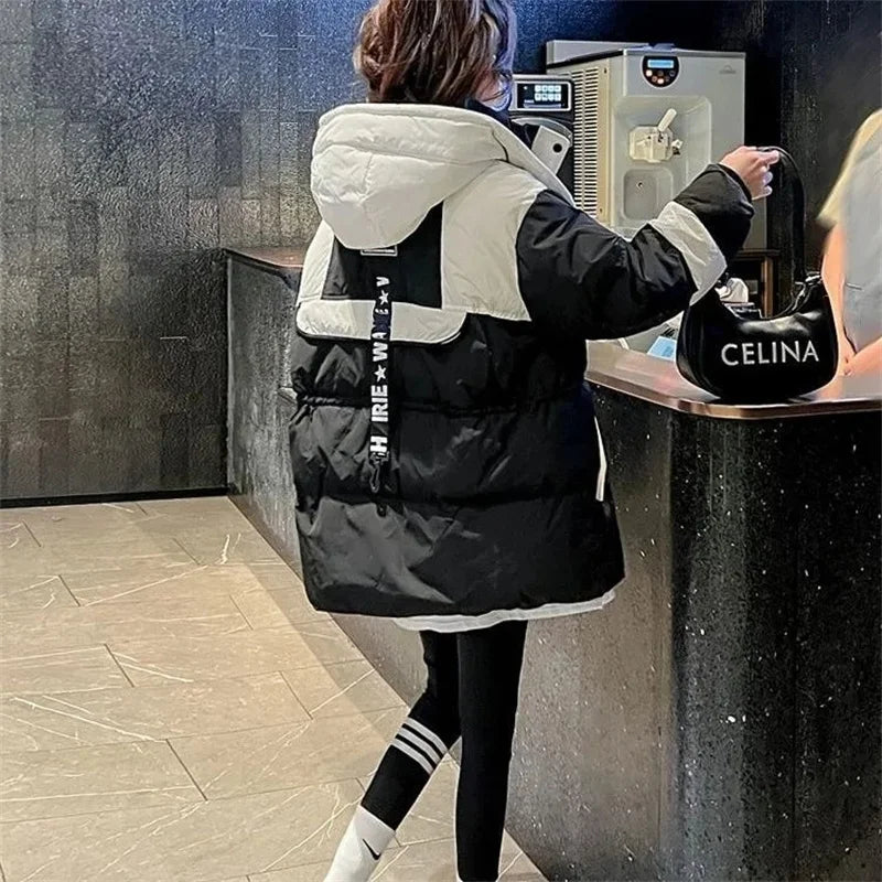 Parkas de invierno para mujer, abrigo de algodón de plumón, estilo coreano, con capucha y empalme, 2024