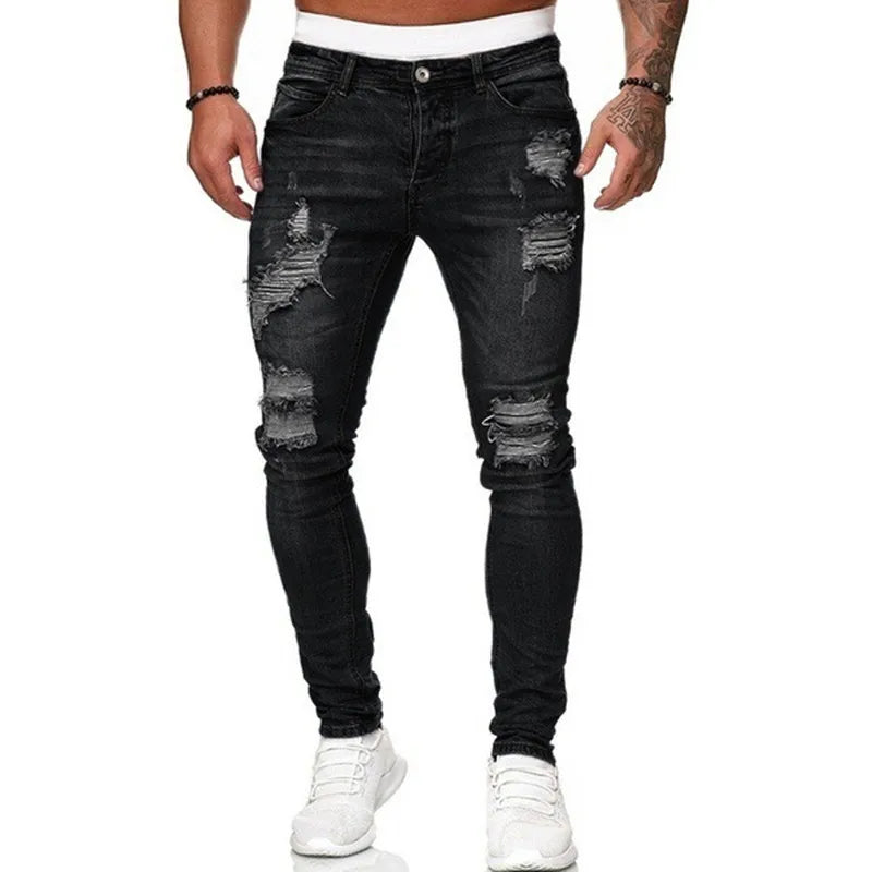 Pantalones vaqueros ajustados rasgados estilo callejero de moda para hombre.