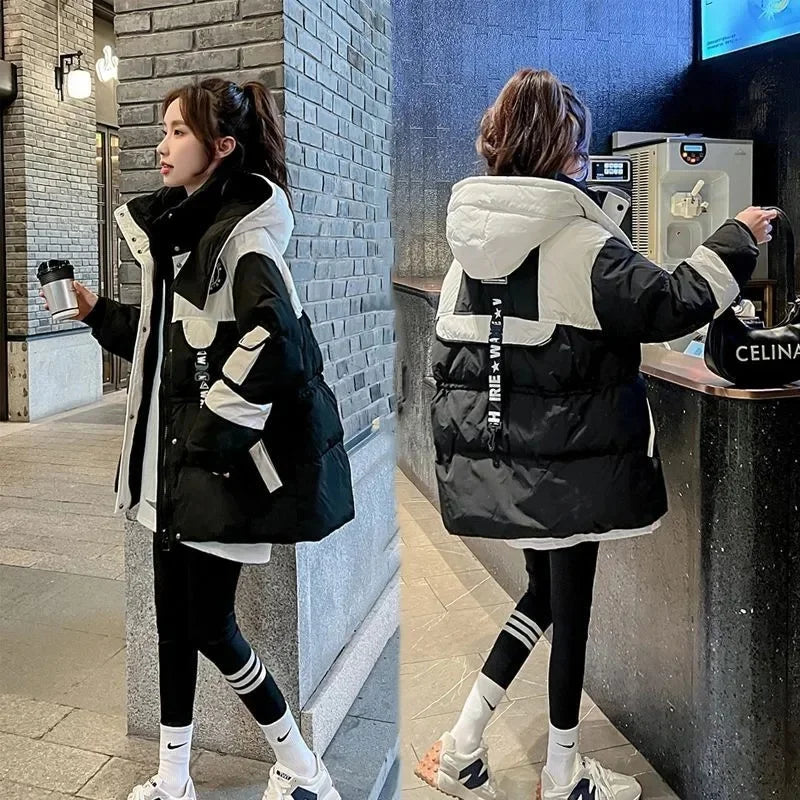 Parkas de invierno para mujer, abrigo de algodón de plumón, estilo coreano, con capucha y empalme, 2024