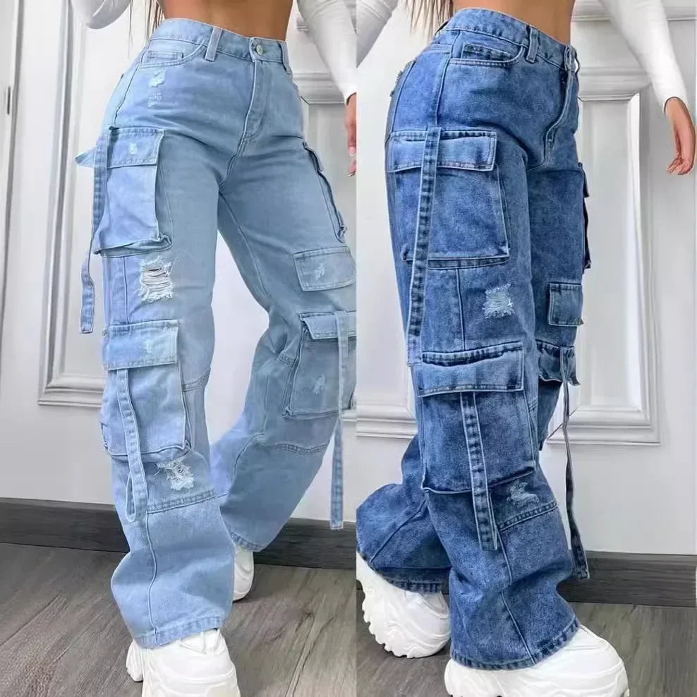 Pantalones vaqueros para mujer, modernos, de color liso, versátiles, con múltiples bolsillos, informales, de cintura alta .