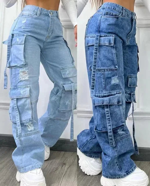 Pantalones vaqueros para mujer, modernos, de color liso, versátiles, con múltiples bolsillos, informales, de cintura alta .