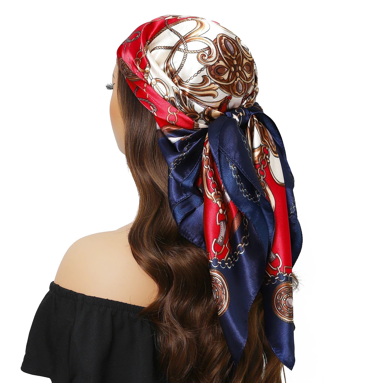 Pañuelo para la cabeza de marca de lujo para mujer, cuadrado, 90 x 90 cm, pañuelo de seda satinado, pañuelo suave para el cuello.