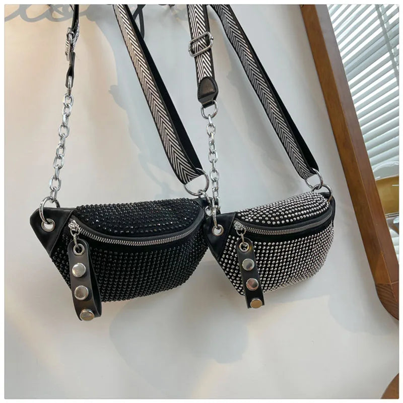 Riñonera de piel con diseño de diamante para mujer, bolso de hombro tipo bandolera con cadena, ideal para el pecho.