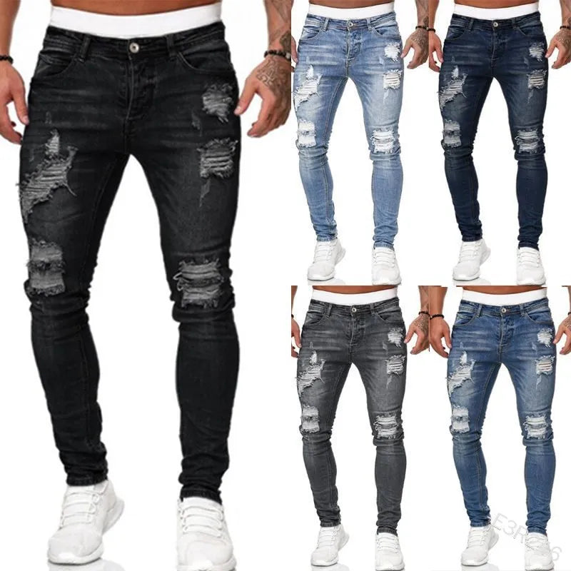 Pantalones vaqueros ajustados rasgados estilo callejero de moda para hombre.
