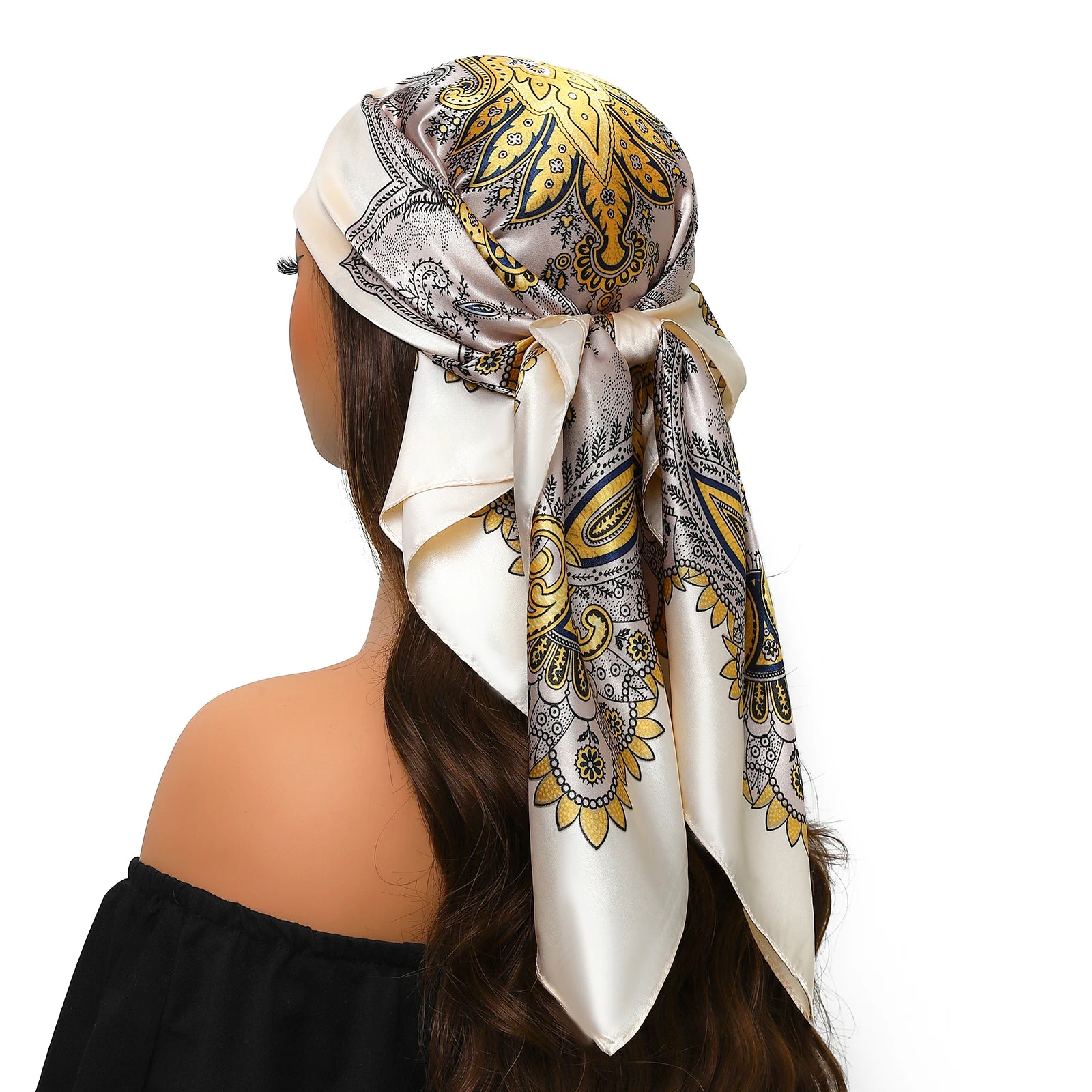 Pañuelo para la cabeza de marca de lujo para mujer, cuadrado, 90 x 90 cm, pañuelo de seda satinado, pañuelo suave para el cuello.