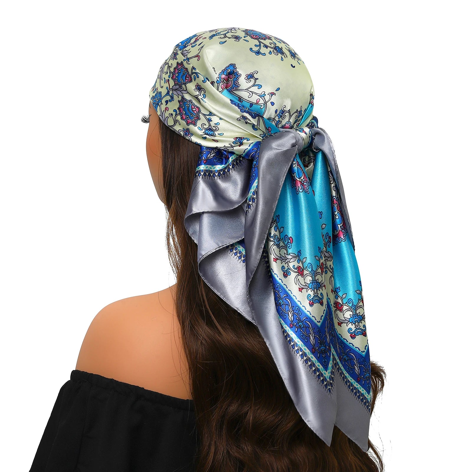 Pañuelo para la cabeza de marca de lujo para mujer, cuadrado, 90 x 90 cm, pañuelo de seda satinado, pañuelo suave para el cuello.