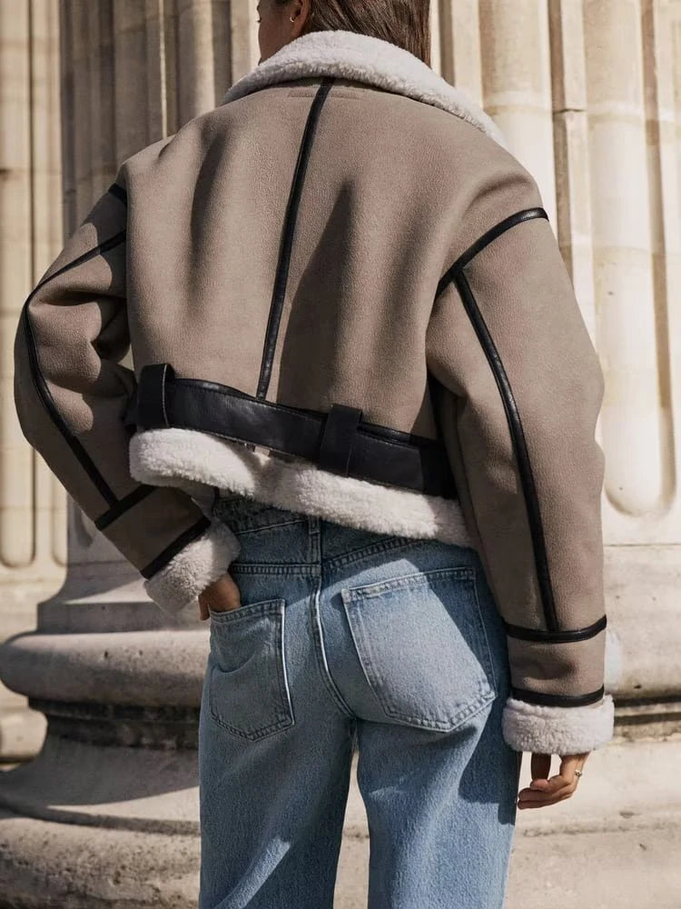 Chaqueta corta de piel sintética abrigo con hebillas metálicas, solapa, mangas largas, forro de piel sintética, chaqueta cálida para exteriores