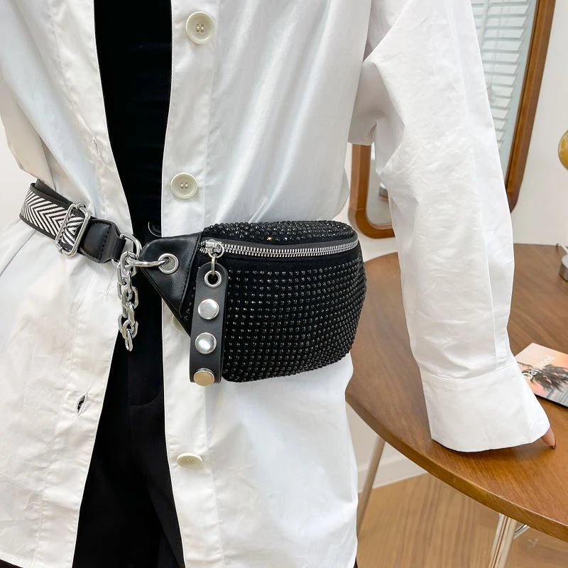 Riñonera de piel con diseño de diamante para mujer, bolso de hombro tipo bandolera con cadena, ideal para el pecho.