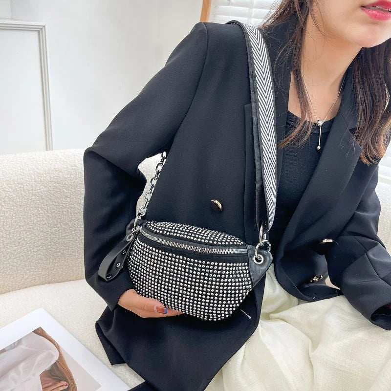 Riñonera de piel con diseño de diamante para mujer, bolso de hombro tipo bandolera con cadena, ideal para el pecho.
