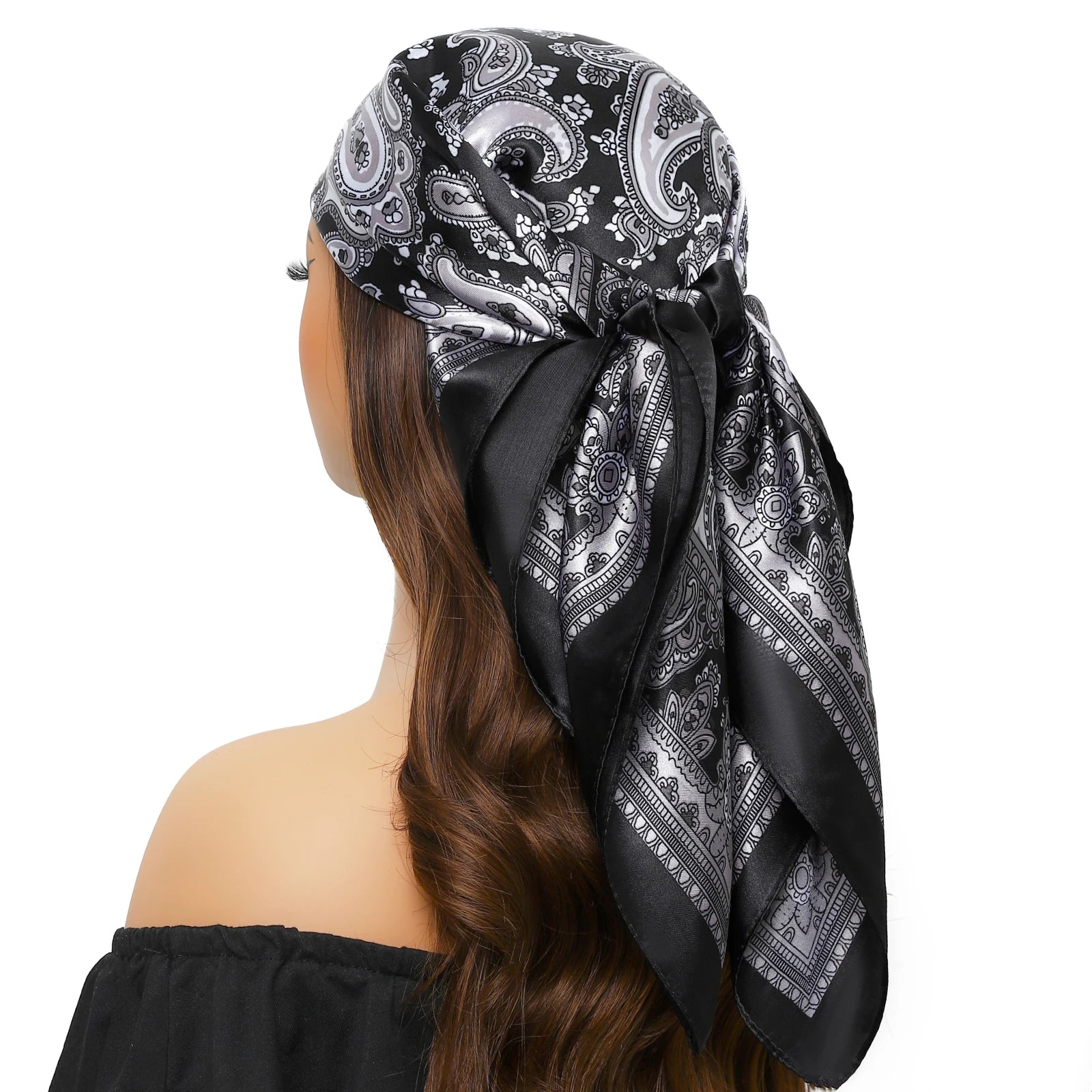 Pañuelo para la cabeza de marca de lujo para mujer, cuadrado, 90 x 90 cm, pañuelo de seda satinado, pañuelo suave para el cuello.