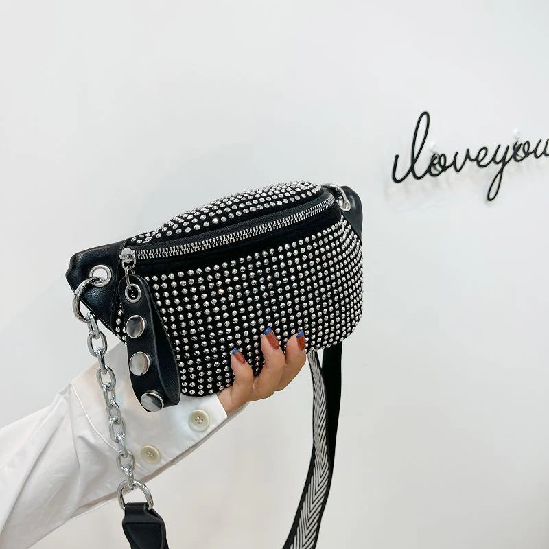 Riñonera de piel con diseño de diamante para mujer, bolso de hombro tipo bandolera con cadena, ideal para el pecho.