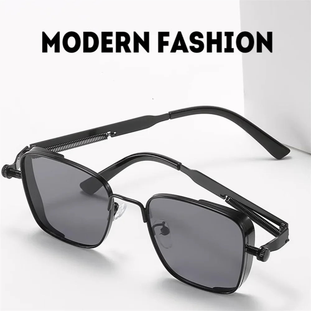 Gafas de sol para hombre, estilo steampunk vintage, cuadradas, con montura metálica y bisagras de resorte,