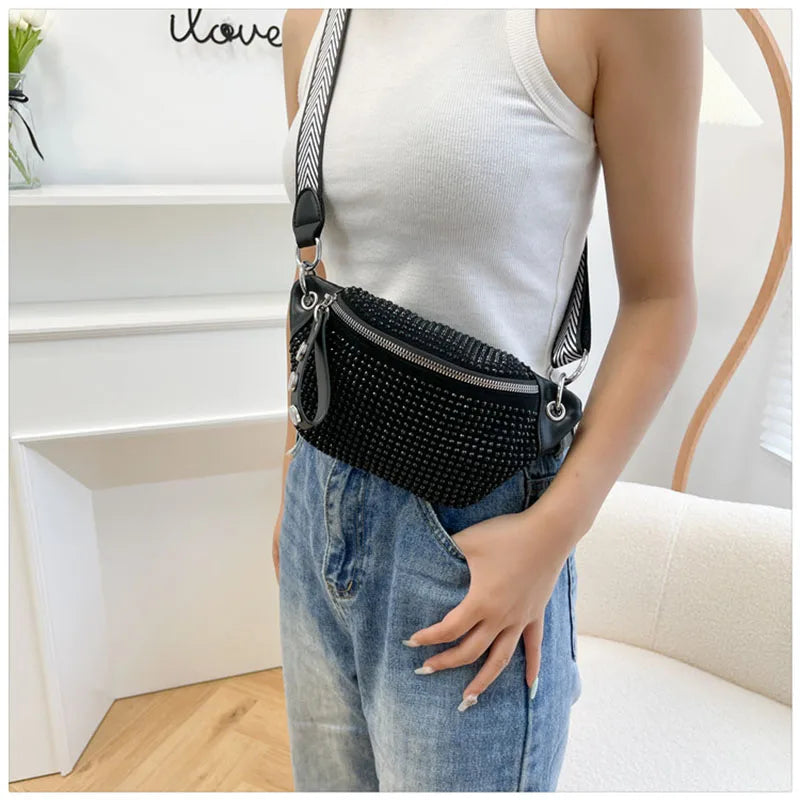Riñonera de piel con diseño de diamante para mujer, bolso de hombro tipo bandolera con cadena, ideal para el pecho.
