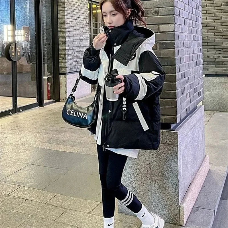 Parkas de invierno para mujer, abrigo de algodón de plumón, estilo coreano, con capucha y empalme, 2024