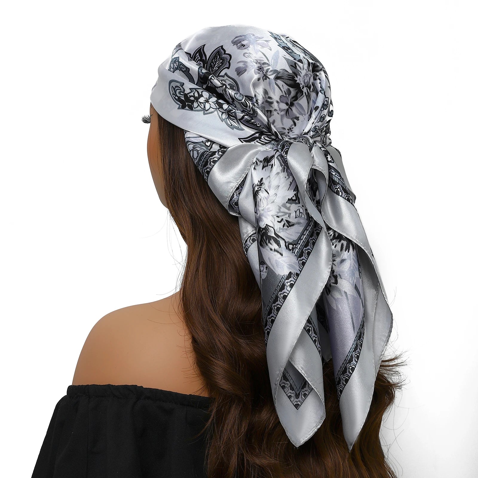 Pañuelo para la cabeza de marca de lujo para mujer, cuadrado, 90 x 90 cm, pañuelo de seda satinado, pañuelo suave para el cuello.