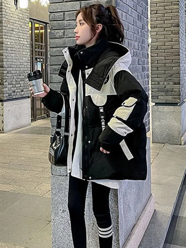 Parkas de invierno para mujer, abrigo de algodón de plumón, estilo coreano, con capucha y empalme, 2024