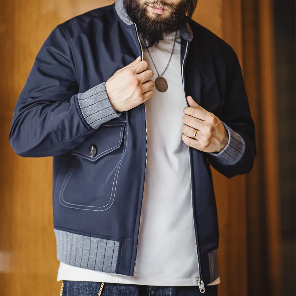 Chaqueta corta de vuelo Maden Retro A1 azul con empalme de color en contraste, abrigo uniforme para hombre, primavera y otoño