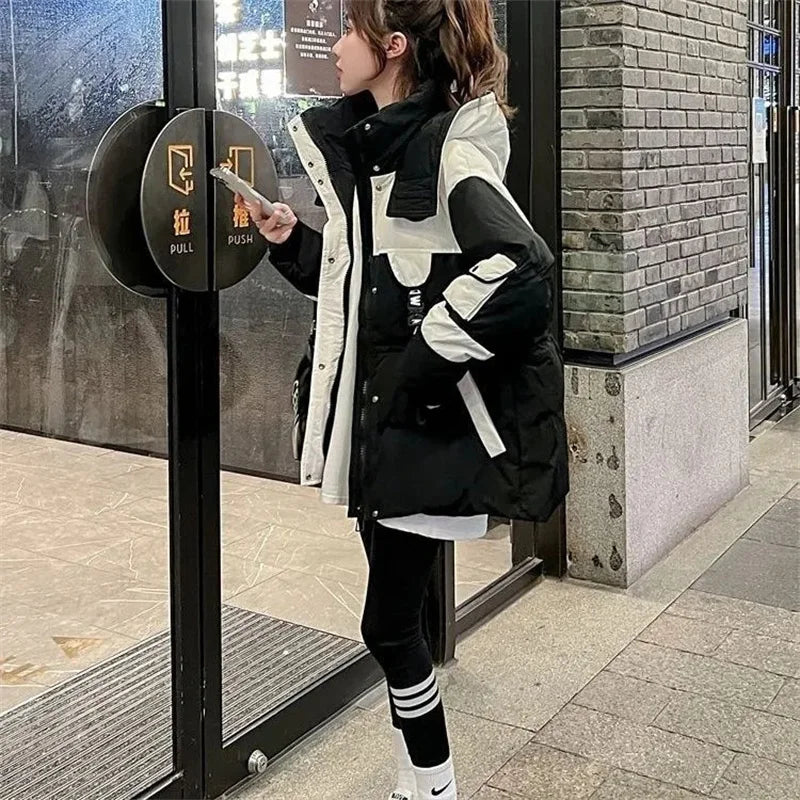 Parkas de invierno para mujer, abrigo de algodón de plumón, estilo coreano, con capucha y empalme, 2024