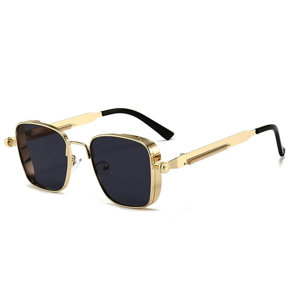 Gafas de sol para hombre, estilo steampunk vintage, cuadradas, con montura metálica y bisagras de resorte,
