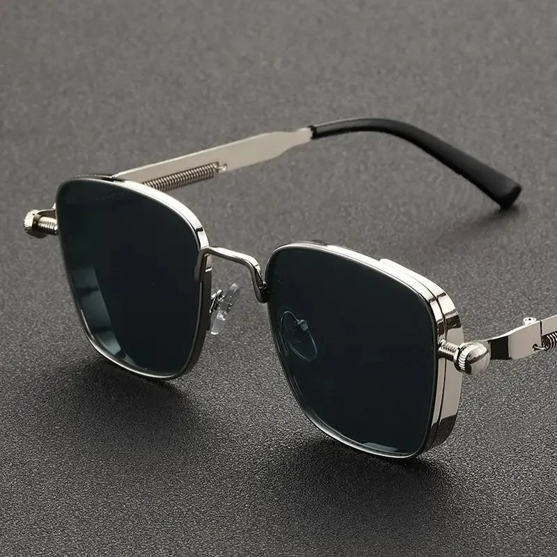 Gafas de sol para hombre, estilo steampunk vintage, cuadradas, con montura metálica y bisagras de resorte,