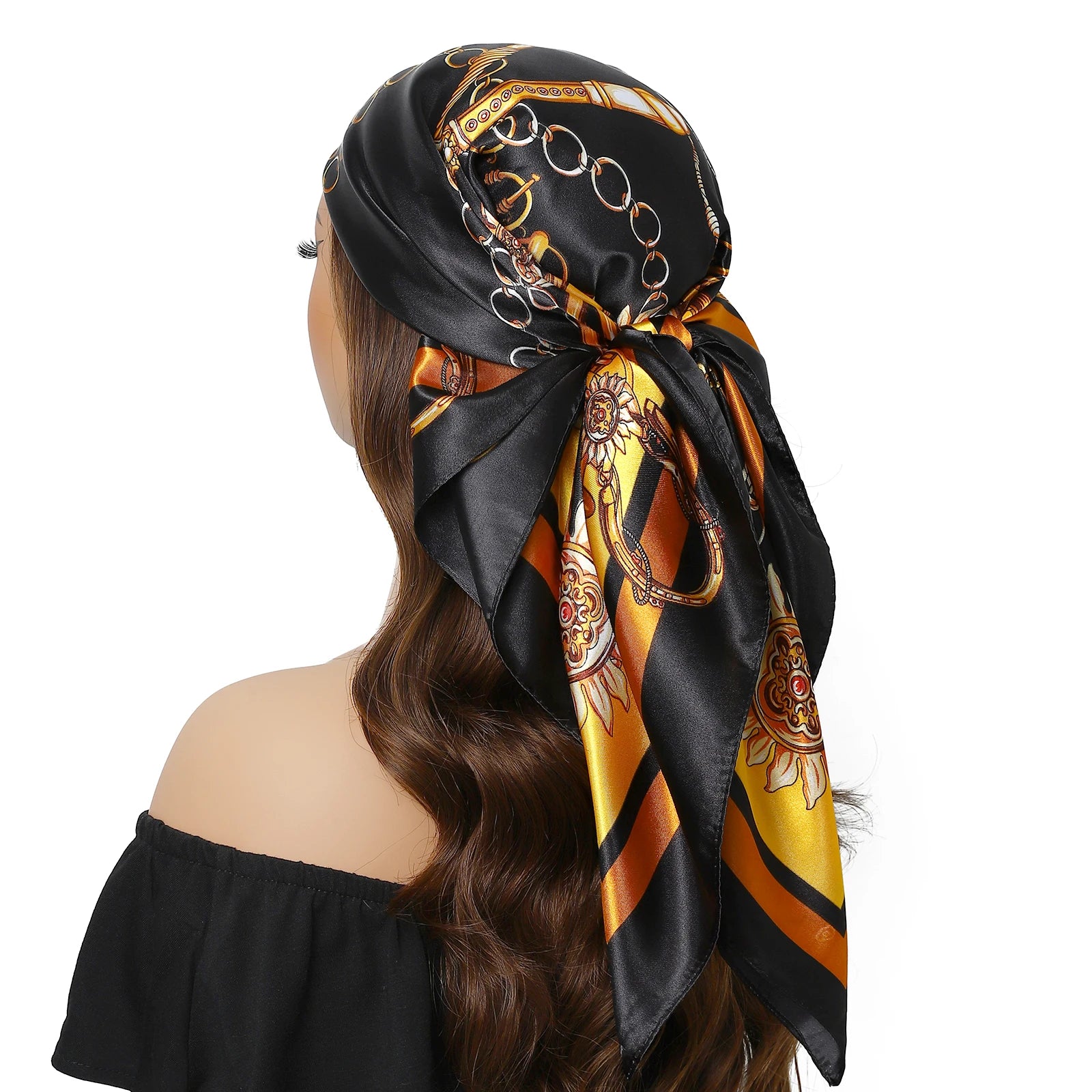 Pañuelo para la cabeza de marca de lujo para mujer, cuadrado, 90 x 90 cm, pañuelo de seda satinado, pañuelo suave para el cuello.