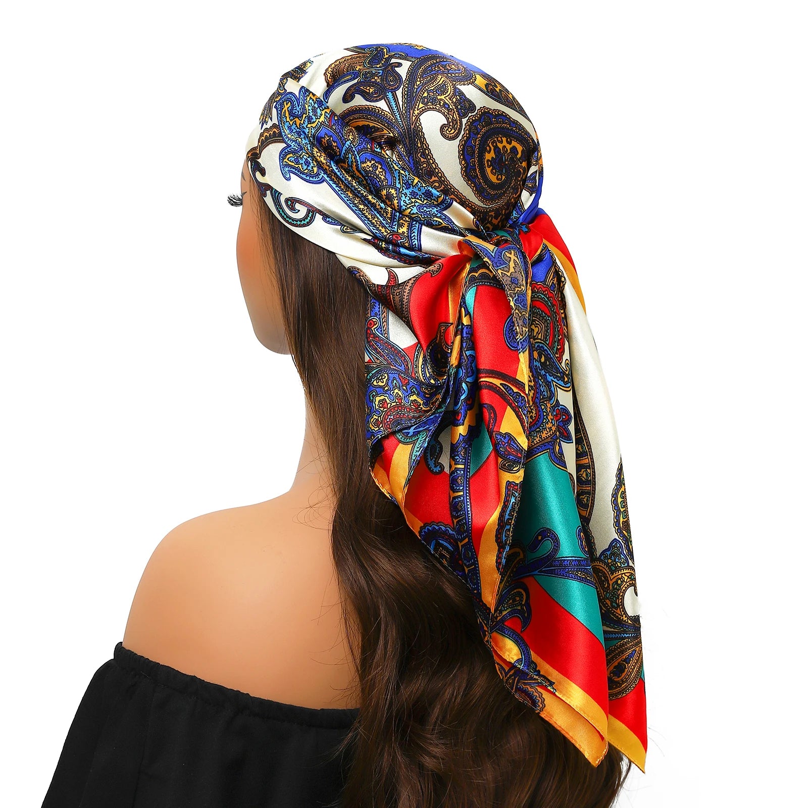 Pañuelo para la cabeza de marca de lujo para mujer, cuadrado, 90 x 90 cm, pañuelo de seda satinado, pañuelo suave para el cuello.