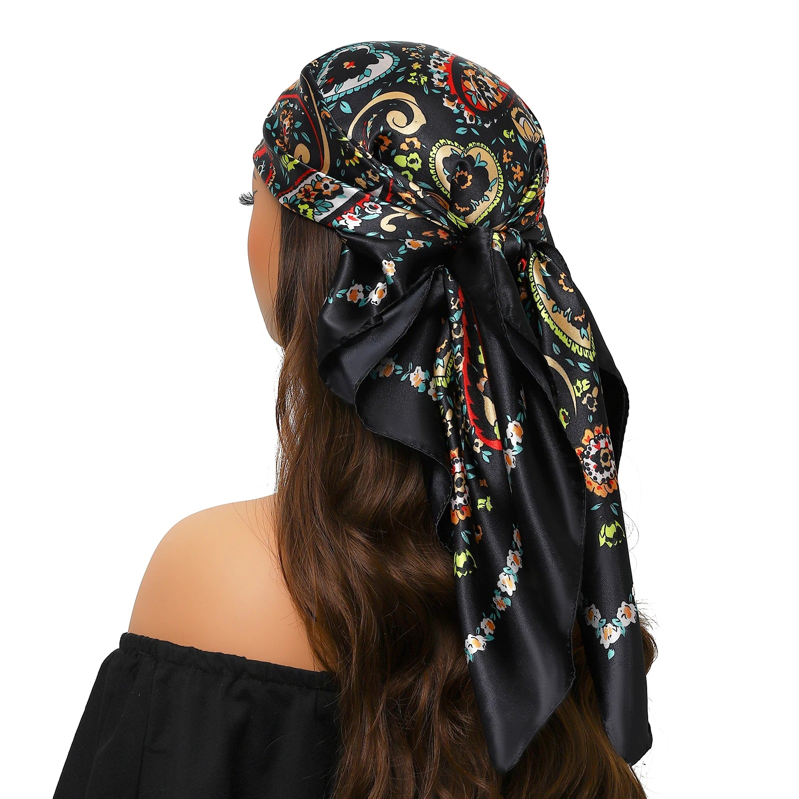 Pañuelo para la cabeza de marca de lujo para mujer, cuadrado, 90 x 90 cm, pañuelo de seda satinado, pañuelo suave para el cuello.