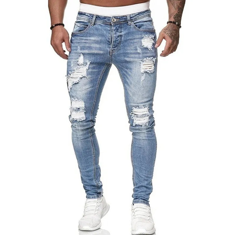 Pantalones vaqueros ajustados rasgados estilo callejero de moda para hombre.