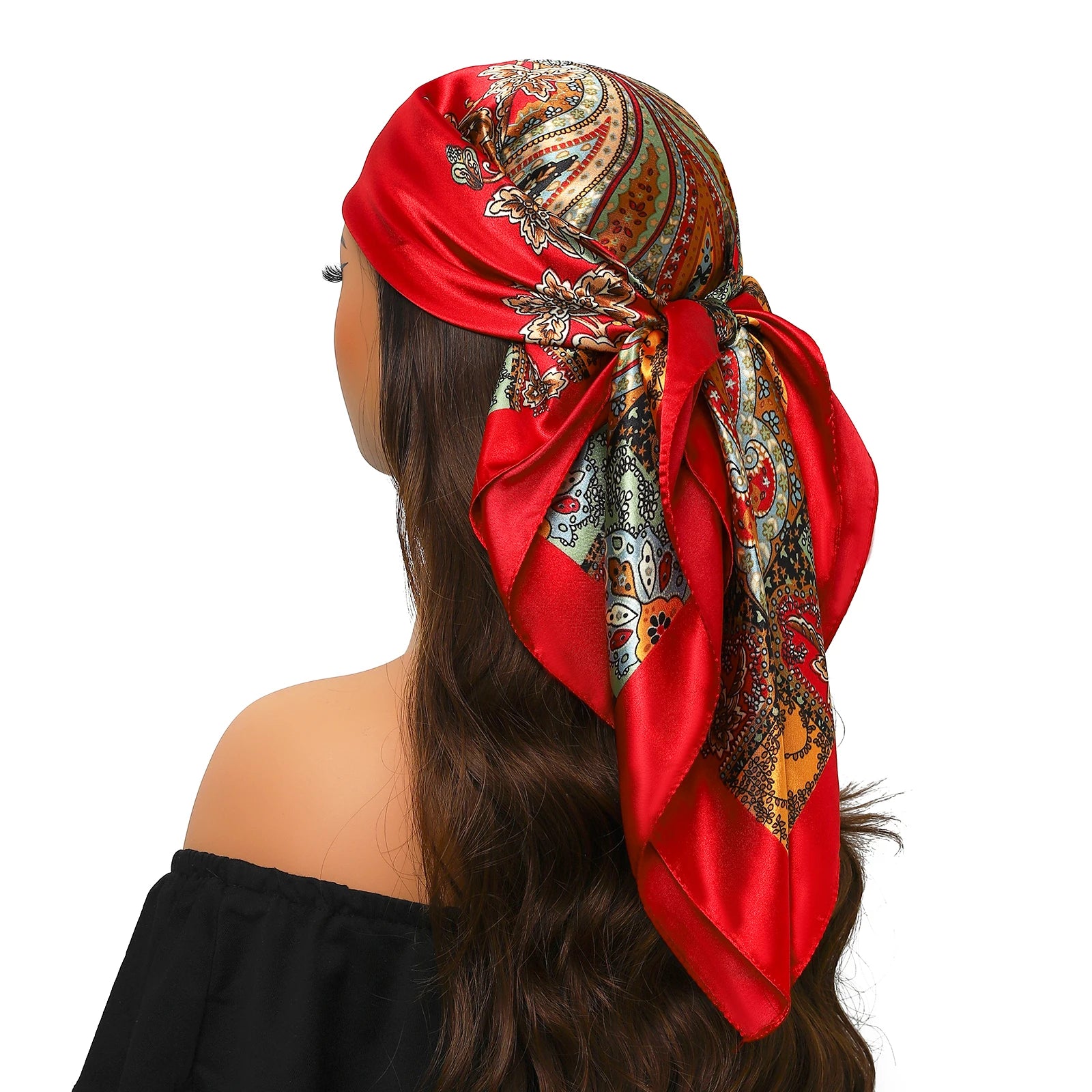 Pañuelo para la cabeza de marca de lujo para mujer, cuadrado, 90 x 90 cm, pañuelo de seda satinado, pañuelo suave para el cuello.
