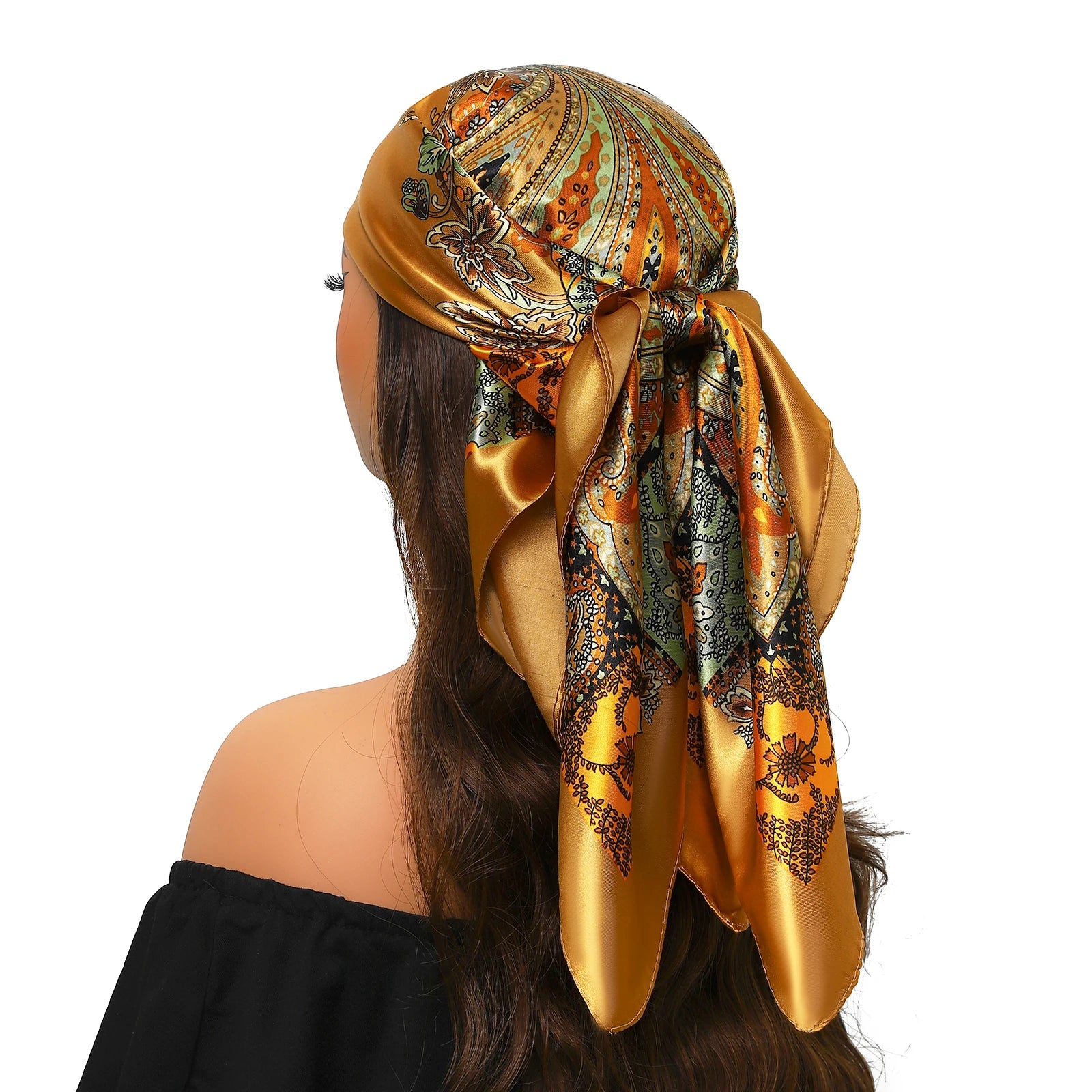 Pañuelo para la cabeza de marca de lujo para mujer, cuadrado, 90 x 90 cm, pañuelo de seda satinado, pañuelo suave para el cuello.