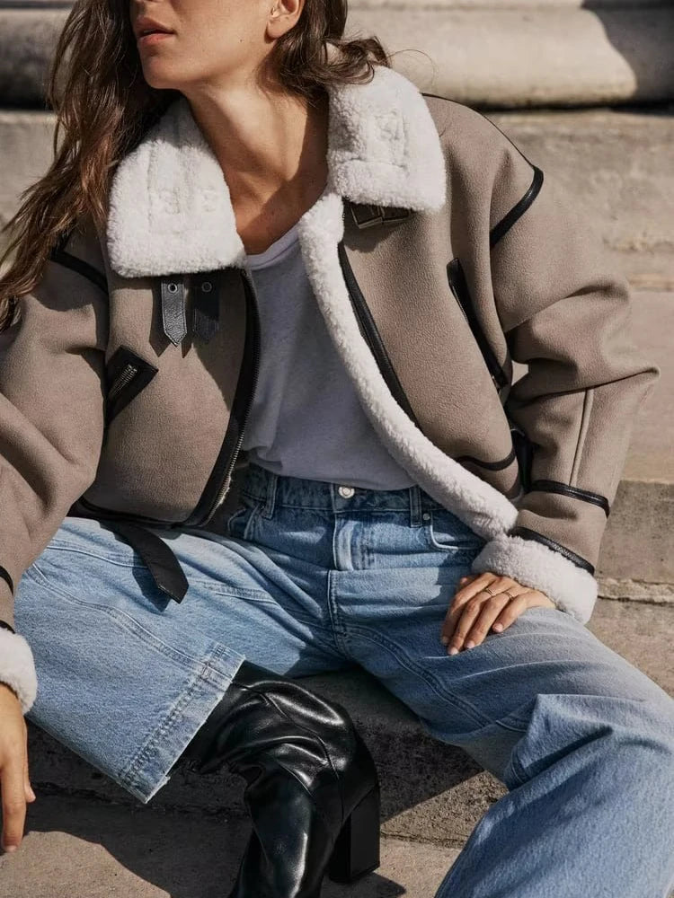Chaqueta corta de piel sintética abrigo con hebillas metálicas, solapa, mangas largas, forro de piel sintética, chaqueta cálida para exteriores