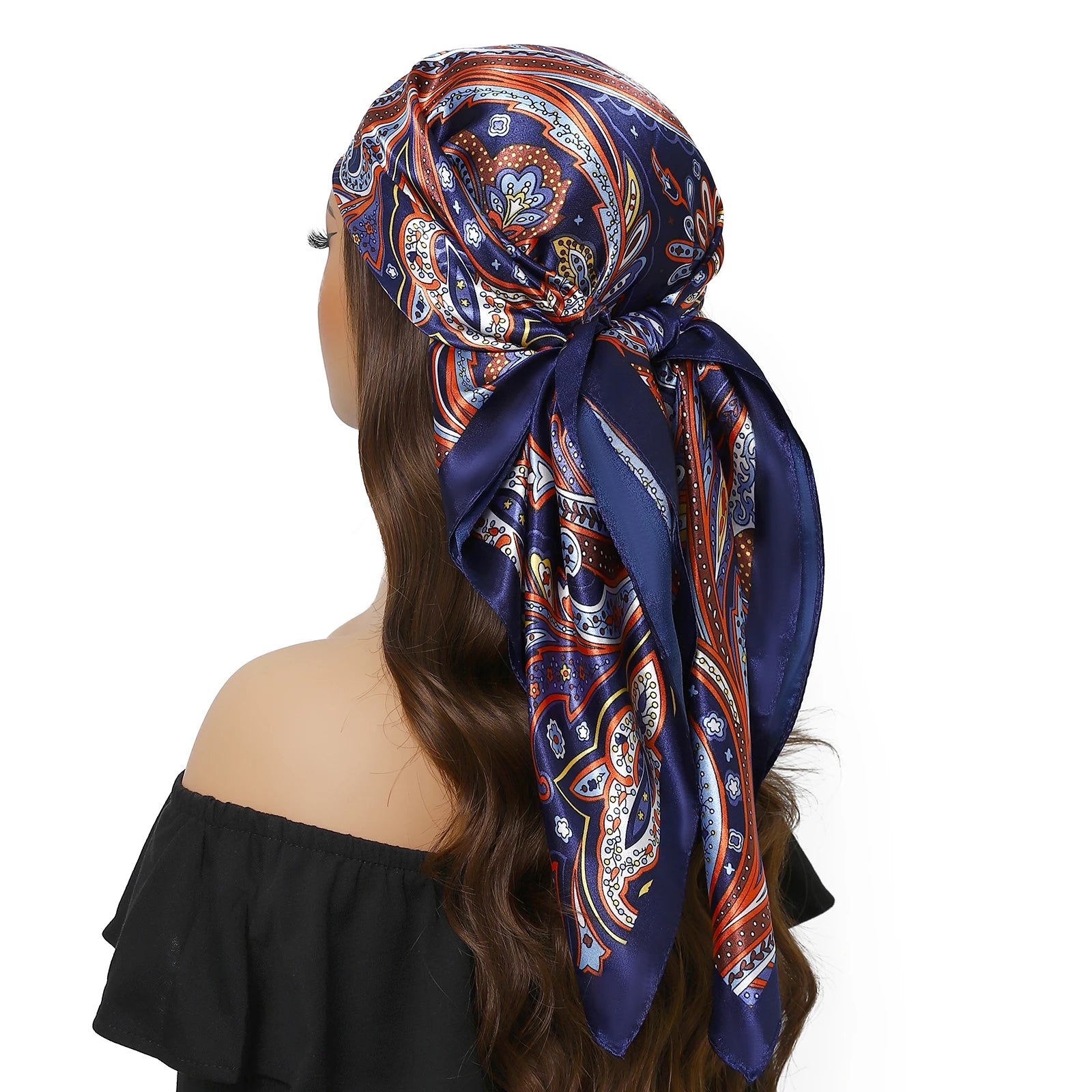 Pañuelo para la cabeza de marca de lujo para mujer, cuadrado, 90 x 90 cm, pañuelo de seda satinado, pañuelo suave para el cuello.