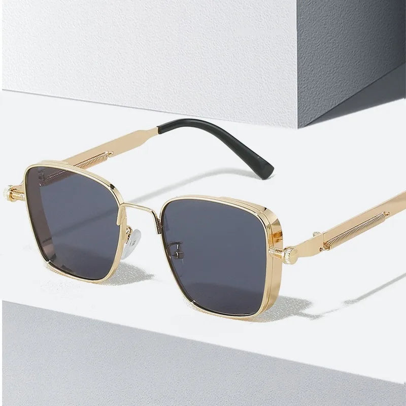 Gafas de sol para hombre, estilo steampunk vintage, cuadradas, con montura metálica y bisagras de resorte,