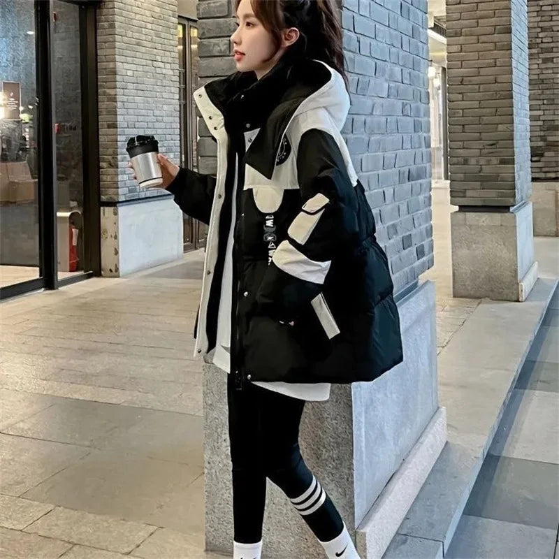 Parkas de invierno para mujer, abrigo de algodón de plumón, estilo coreano, con capucha y empalme, 2024