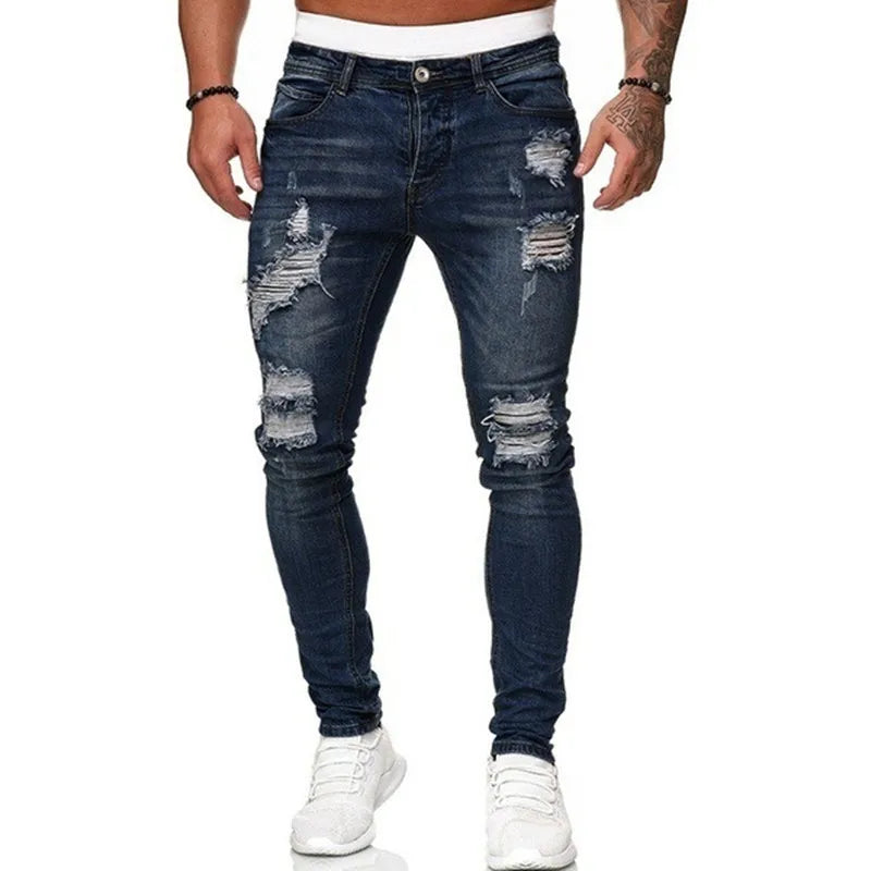 Pantalones vaqueros ajustados rasgados estilo callejero de moda para hombre.