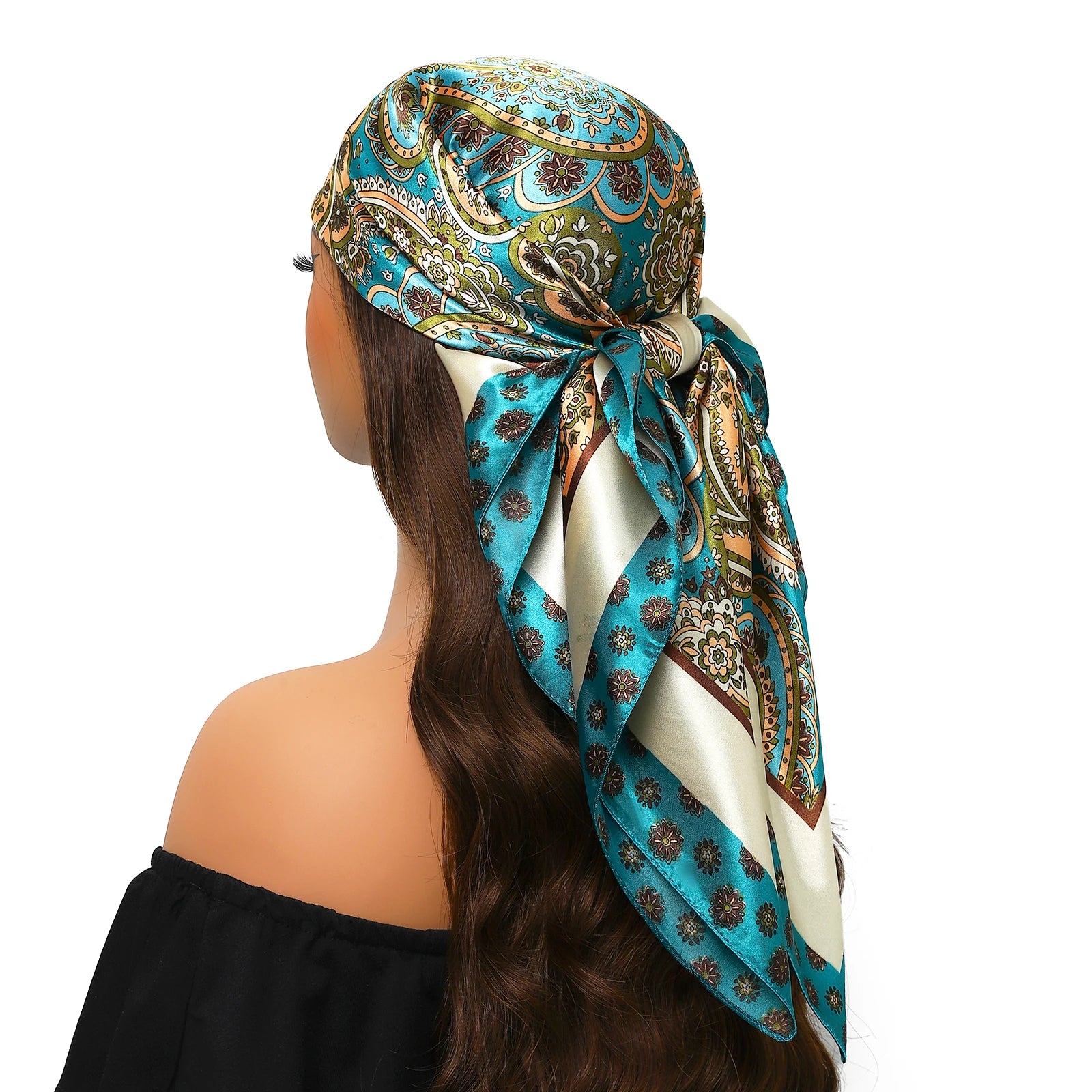 Pañuelo para la cabeza de marca de lujo para mujer, cuadrado, 90 x 90 cm, pañuelo de seda satinado, pañuelo suave para el cuello.