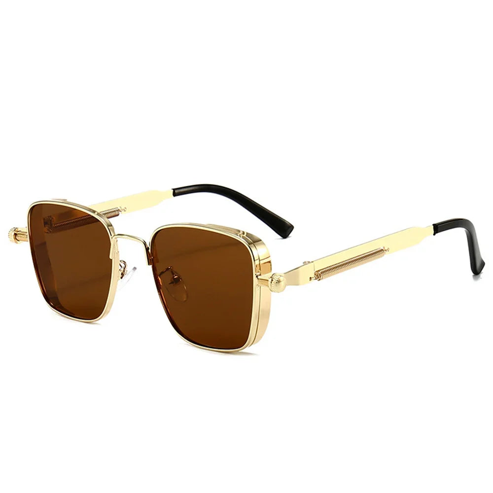 Gafas de sol para hombre, estilo steampunk vintage, cuadradas, con montura metálica y bisagras de resorte,