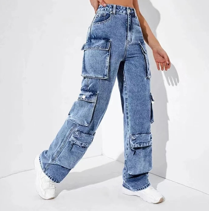 Pantalones vaqueros para mujer,  última tendencia, cintura alta, holgados, con múltiples bolsillos, largos