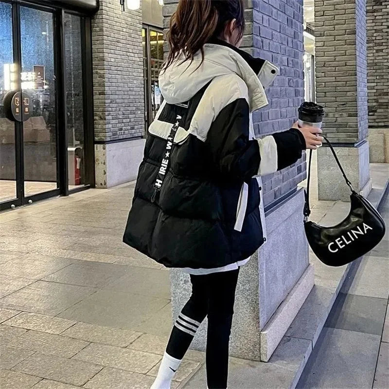Parkas de invierno para mujer, abrigo de algodón de plumón, estilo coreano, con capucha y empalme, 2024