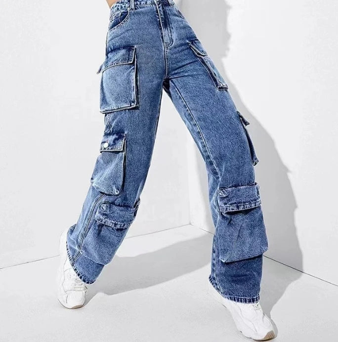 Pantalones vaqueros para mujer,  última tendencia, cintura alta, holgados, con múltiples bolsillos, largos