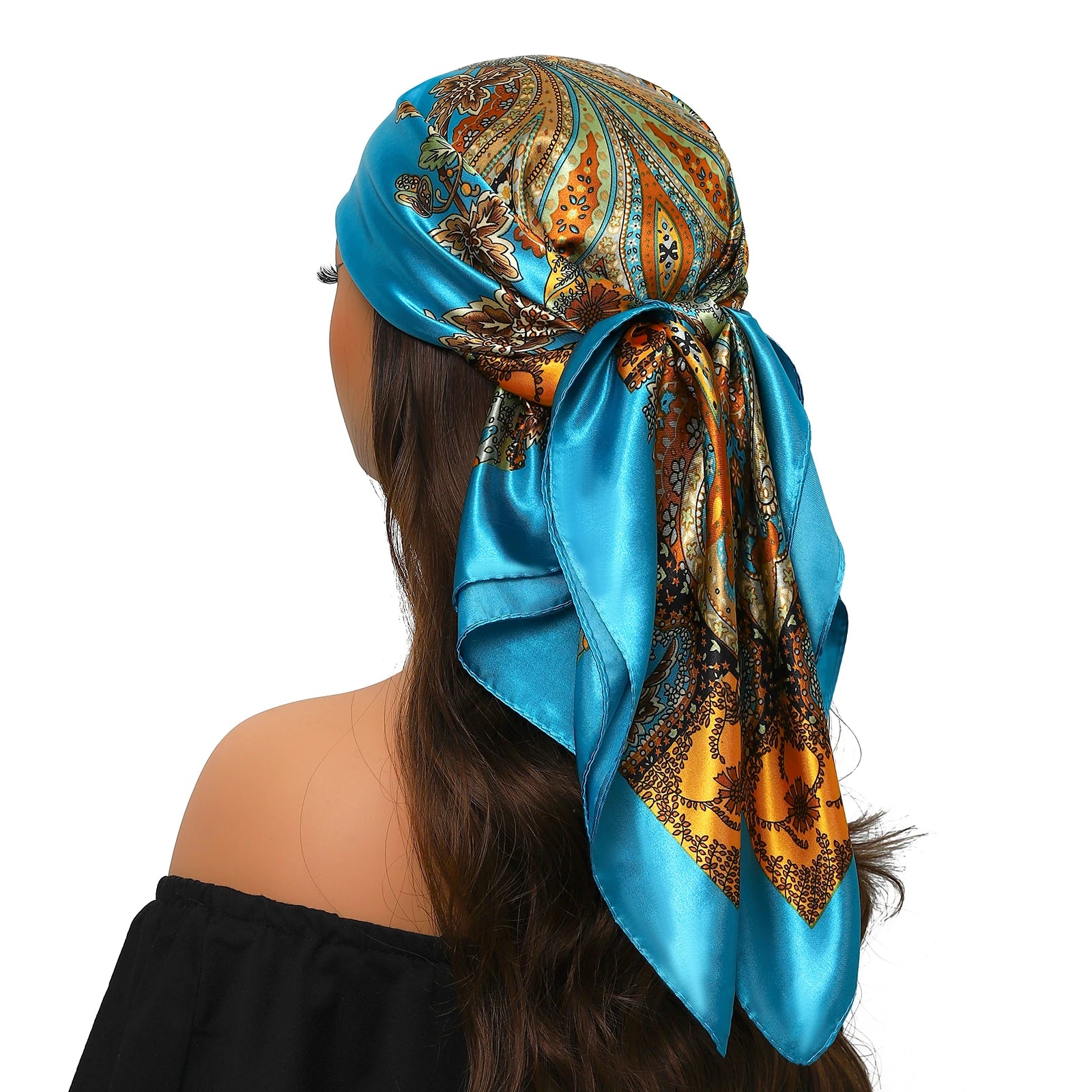 Pañuelo para la cabeza de marca de lujo para mujer, cuadrado, 90 x 90 cm, pañuelo de seda satinado, pañuelo suave para el cuello.