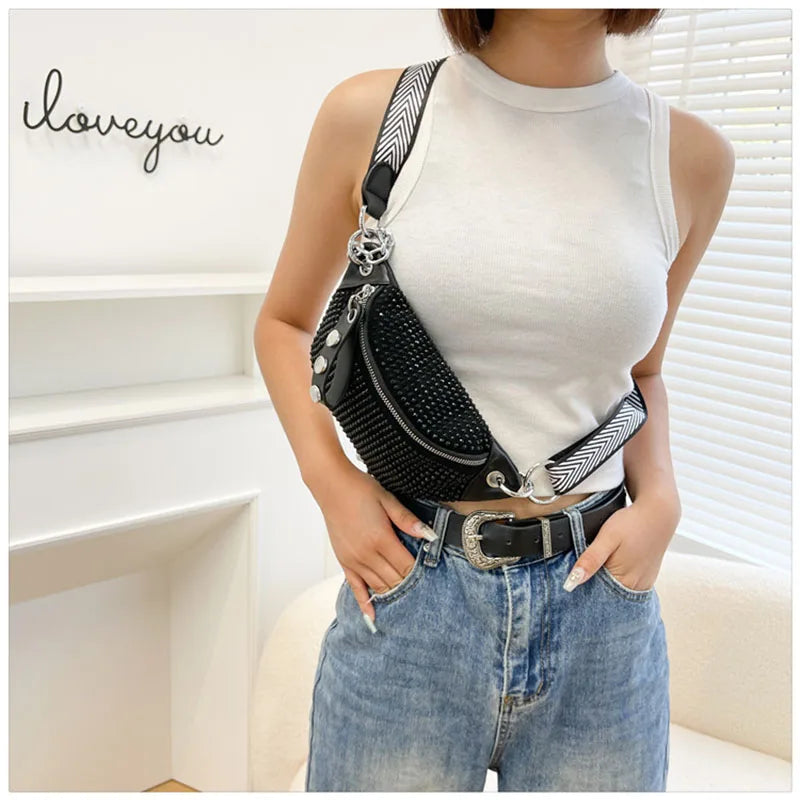 Riñonera de piel con diseño de diamante para mujer, bolso de hombro tipo bandolera con cadena, ideal para el pecho.