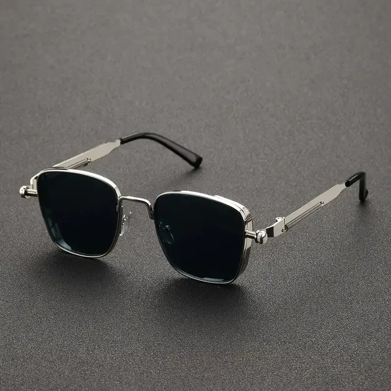 Gafas de sol para hombre, estilo steampunk vintage, cuadradas, con montura metálica y bisagras de resorte,