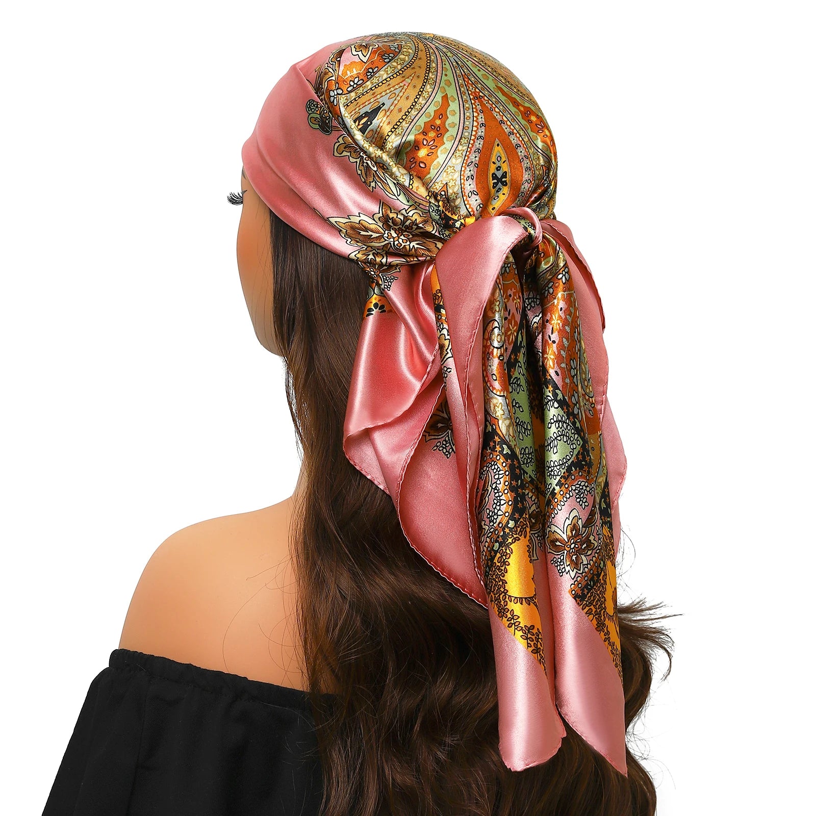 Pañuelo para la cabeza de marca de lujo para mujer, cuadrado, 90 x 90 cm, pañuelo de seda satinado, pañuelo suave para el cuello.